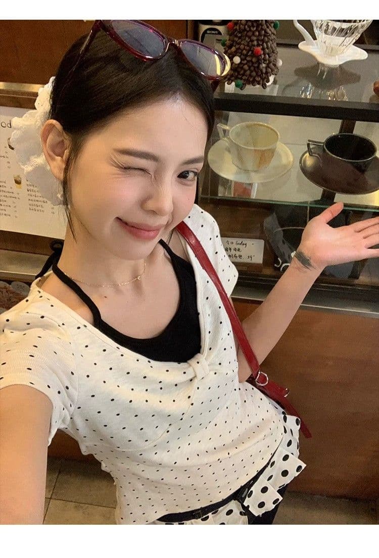 260 그램 사람들 면 화이트 도트 무늬 페이크 레이어드 행침 목 긍정적 인 어깨 반팔 티셔츠 여성 여름 몸매 가꾸기 한 첨부 된 의류 상세 이미지 12