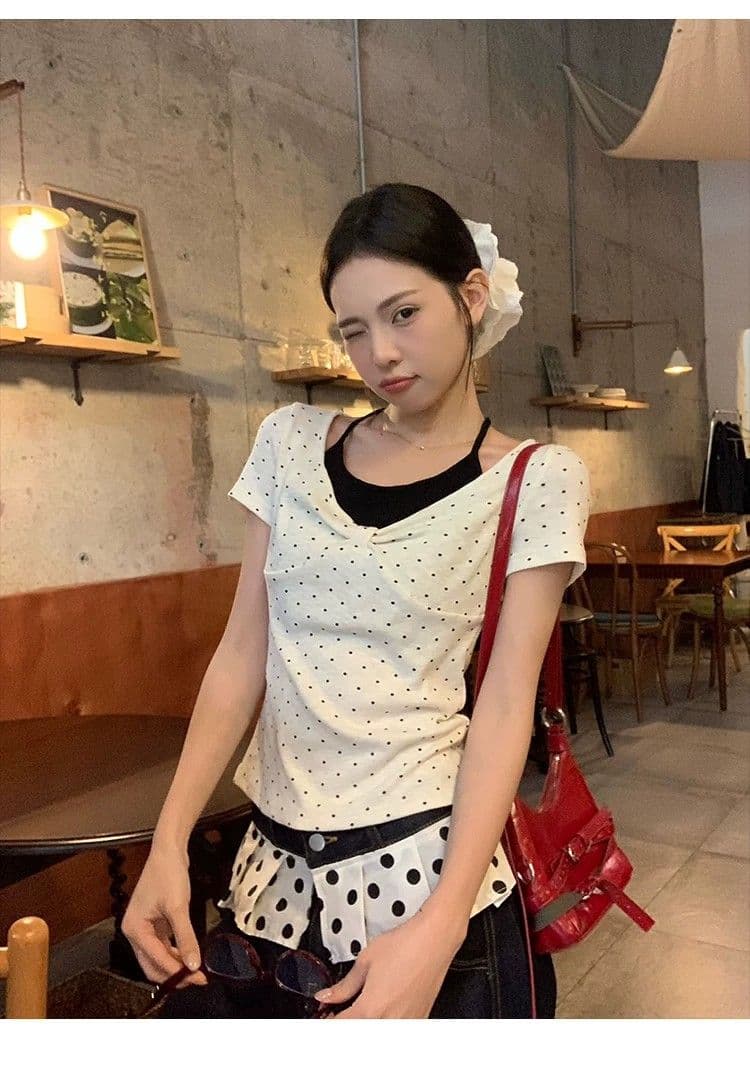 260 그램 사람들 면 화이트 도트 무늬 페이크 레이어드 행침 목 긍정적 인 어깨 반팔 티셔츠 여성 여름 몸매 가꾸기 한 첨부 된 의류 상세 이미지 14