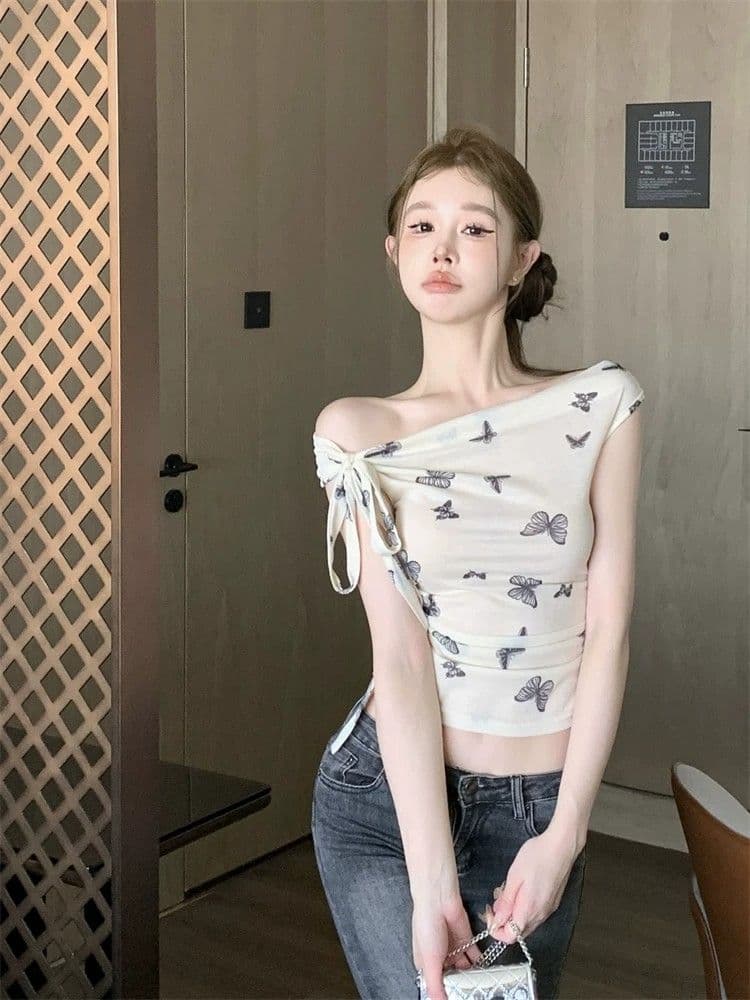 프랑스식 달콤함 디자인 센스 오프숄더 행침 목 반팔 티셔츠 여성 기본 셔츠 여름 주름 허리 수축 Chic 맨위 상세 이미지 1
