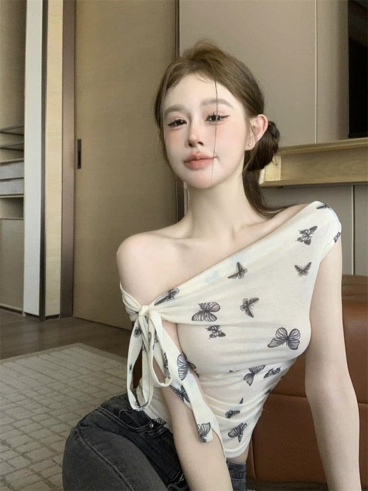 프랑스식 달콤함 디자인 센스 오프숄더 행침 목 반팔 티셔츠 여성 기본 셔츠 여름 주름 허리 수축 Chic 맨위 상세 이미지 2