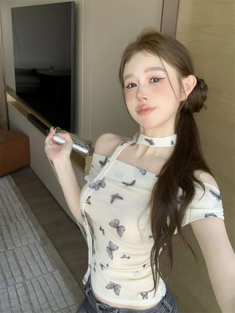 프랑스식 달콤함 디자인 센스 오프숄더 행침 목 반팔 티셔츠 여성 기본 셔츠 여름 주름 허리 수축 Chic 맨위 상세 이미지 3