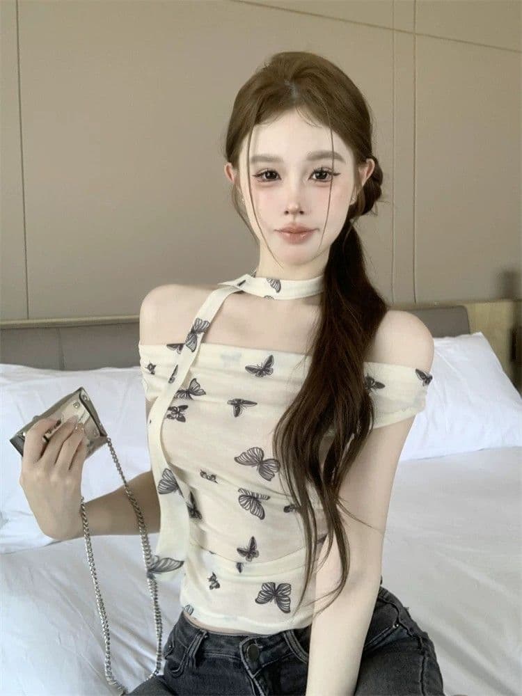 프랑스식 달콤함 디자인 센스 오프숄더 행침 목 반팔 티셔츠 여성 기본 셔츠 여름 주름 허리 수축 Chic 맨위 상세 이미지 8