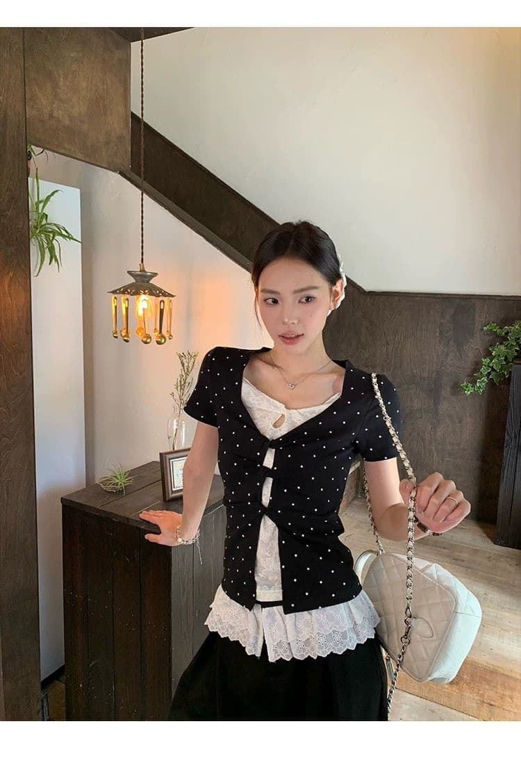 260 그램 사람들 면 검정색 도트 무늬 페이크 레이어드 레이스 긍정적 인 어깨 반팔 티셔츠 여성 여름 한 부서 디자인 센스 맨위 상세 이미지 13