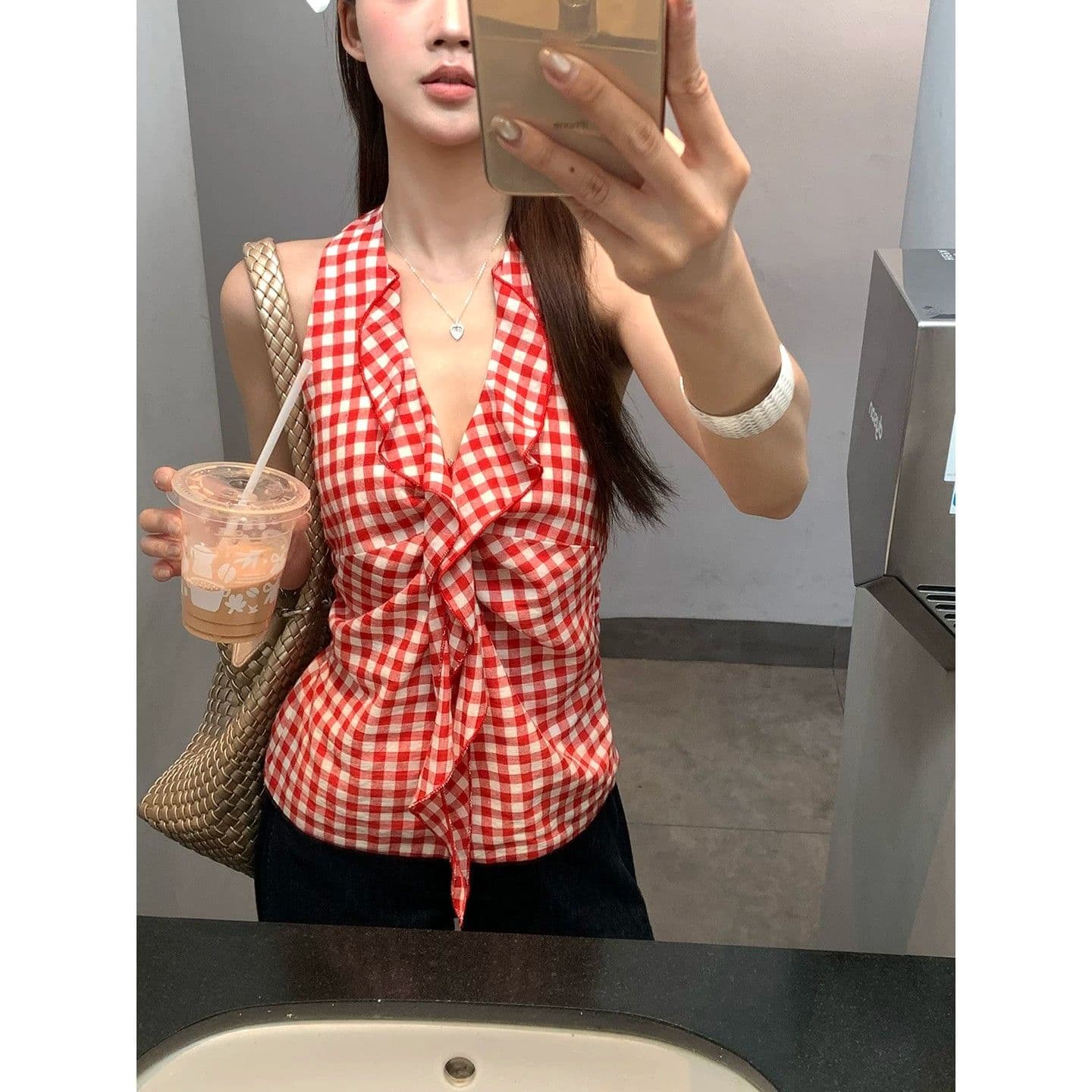 원본 원단 것 캐미솔 여름 새로운 아름다움 뒤로 빨간색 체크무늬 핫걸 민소매 행침 목 맨위 여성