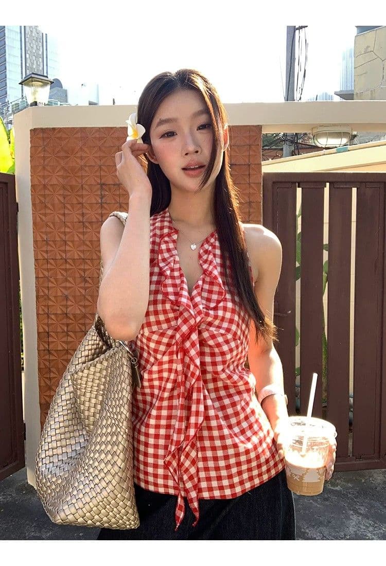 원본 원단 것 캐미솔 여름 새로운 아름다움 뒤로 빨간색 체크무늬 핫걸 민소매 행침 목 맨위 여성 상세 이미지 10