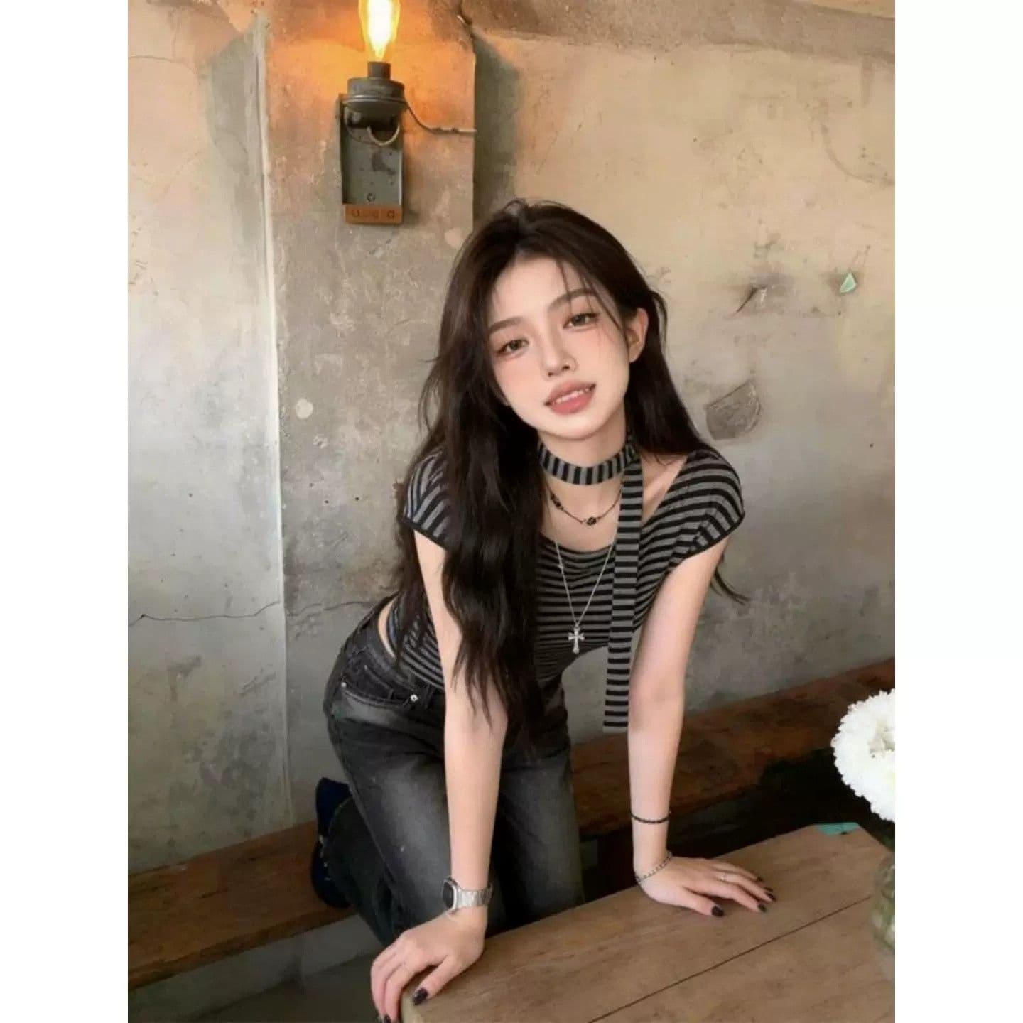 원본 원단 컬러 짜임 기사 오프숄더 리본 디자인 스트라이프 반팔 티셔츠 여성 핫걸 슬림해 보이는 허리 수축 다용도 맨위 이미지 5