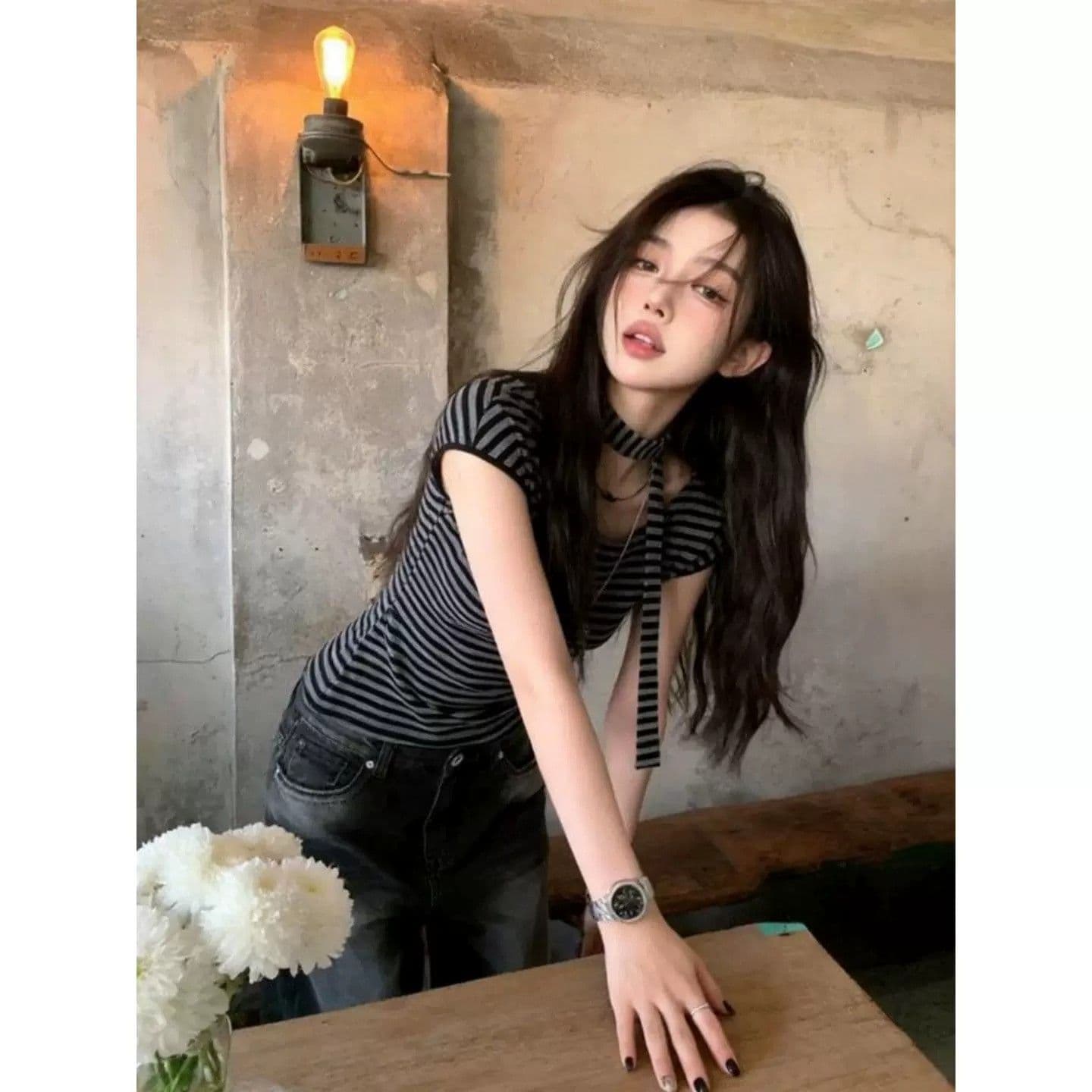 원본 원단 컬러 짜임 기사 오프숄더 리본 디자인 스트라이프 반팔 티셔츠 여성 핫걸 슬림해 보이는 허리 수축 다용도 맨위 이미지 4