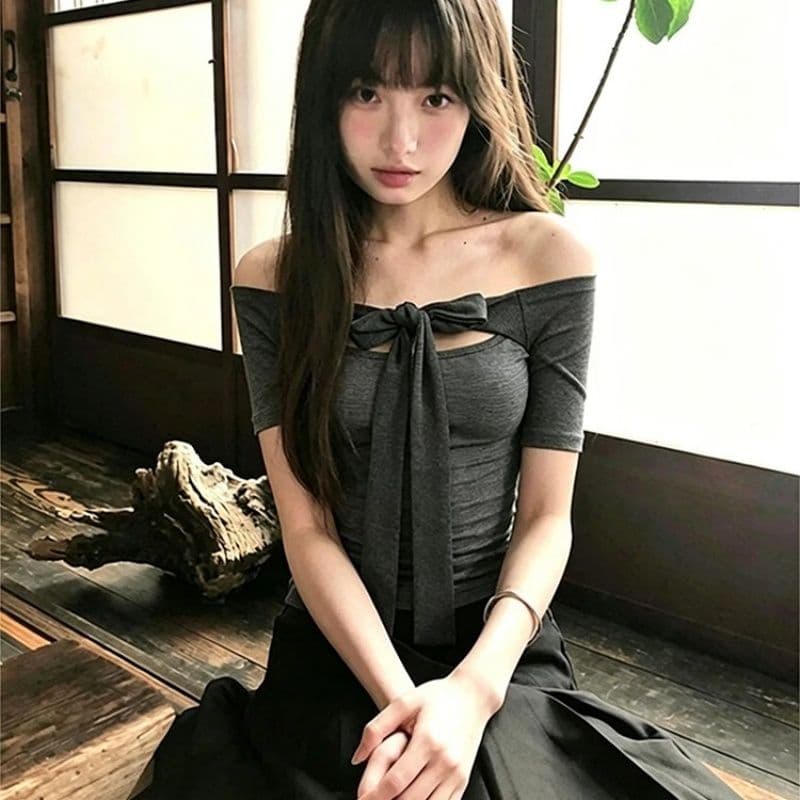 사람들 면 면 컬러 짜임 기사 회색 오프숄더 중간 소매 티셔츠 여성 여름 스트랩 몸매 가꾸기 디자인 센스 오프숄더 맨위 이미지 3