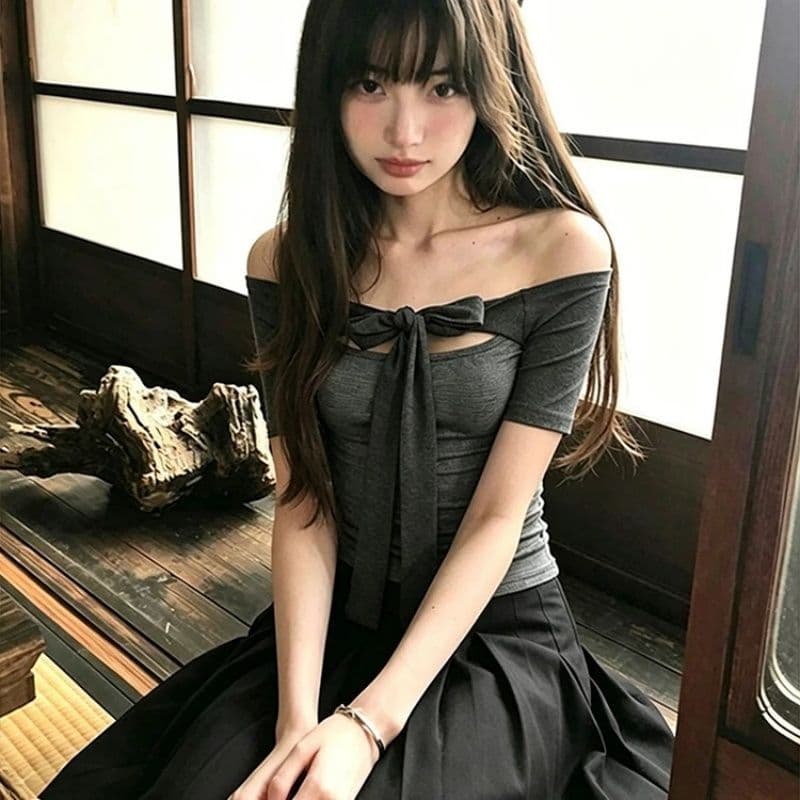 사람들 면 면 컬러 짜임 기사 회색 오프숄더 중간 소매 티셔츠 여성 여름 스트랩 몸매 가꾸기 디자인 센스 오프숄더 맨위 이미지 5