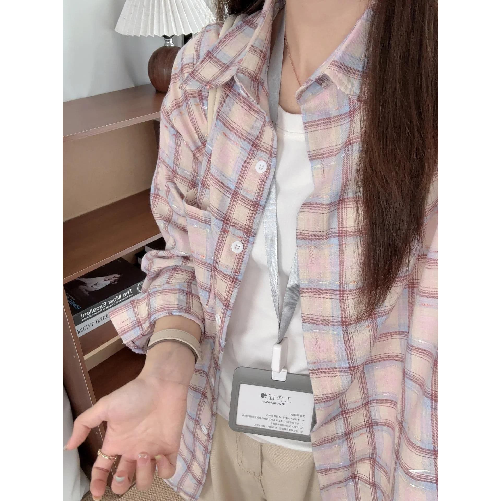 분말 그리드 리본 여성 셔츠 디자인 센스 루즈핏 슬림해 보이는 폴로 칼라 긴팔 캐주얼 다용도 셔츠 맨위 봄 가을 이미지 3