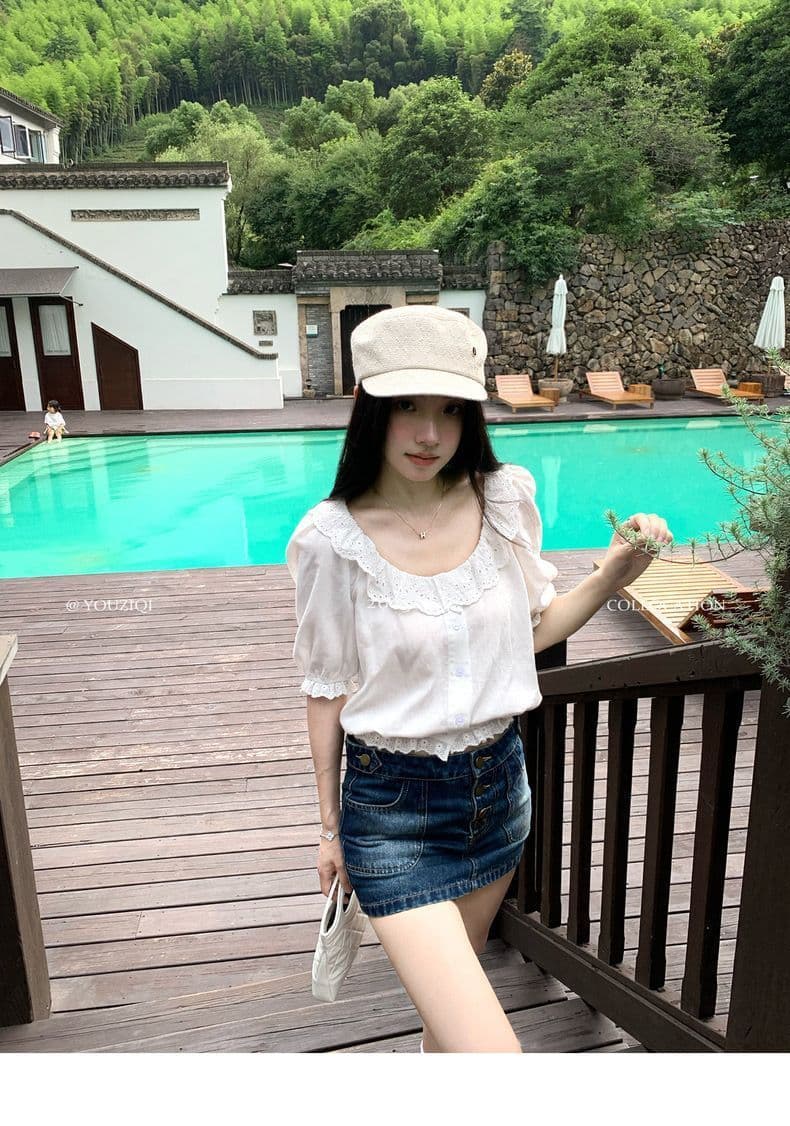 여름 화이트 라운드 넥 새로운 자카드 2026 프랑스식 품격 레이스 셔츠 반팔 루즈핏 셔츠 상세 이미지 6