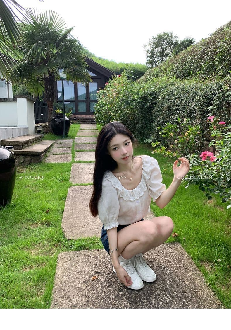 여름 화이트 라운드 넥 새로운 자카드 2026 프랑스식 품격 레이스 셔츠 반팔 루즈핏 셔츠 상세 이미지 10