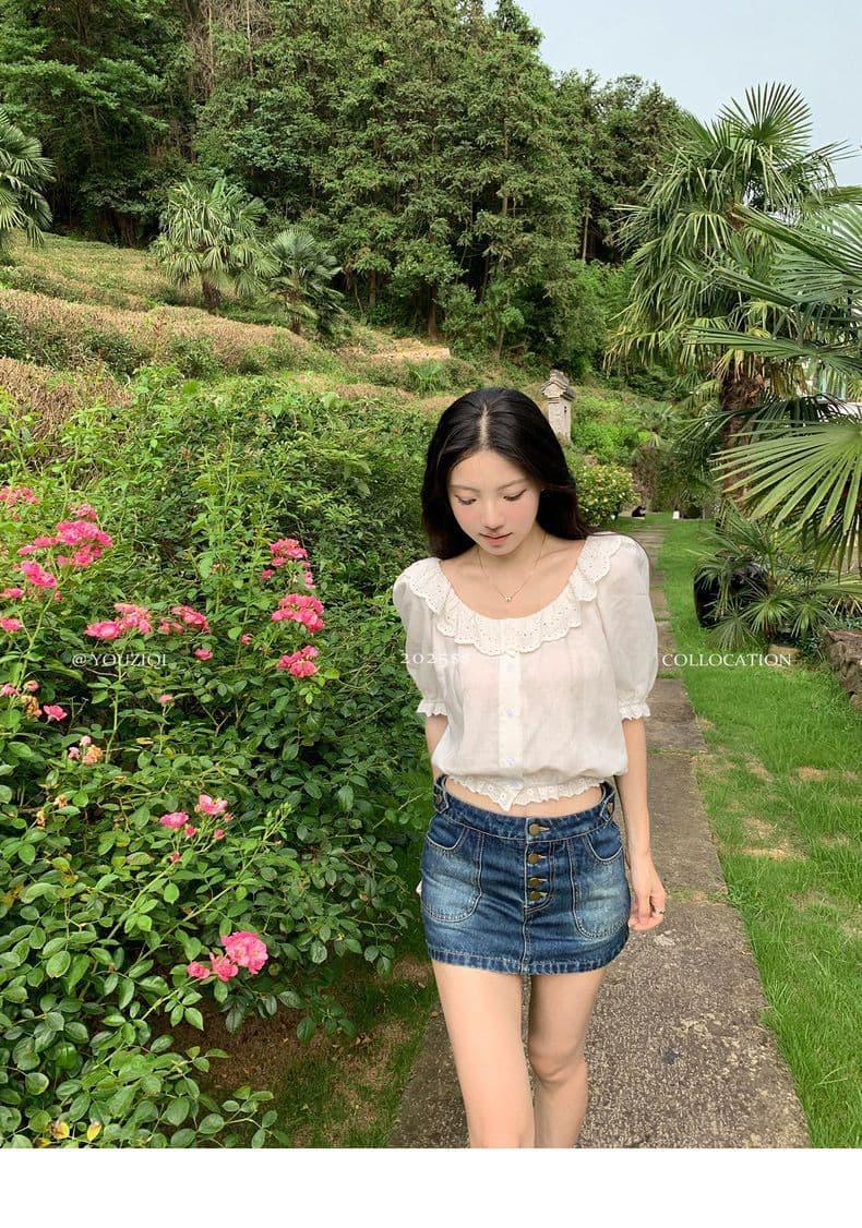 여름 화이트 라운드 넥 새로운 자카드 2026 프랑스식 품격 레이스 셔츠 반팔 루즈핏 셔츠 상세 이미지 11
