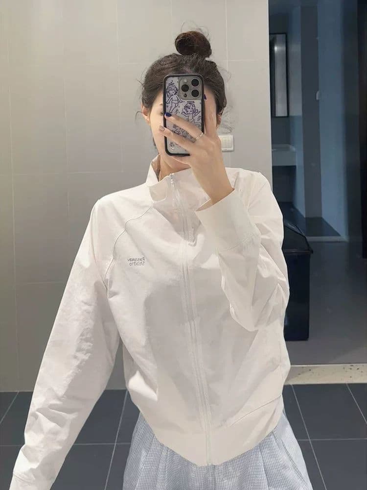 한 부서 스탠드 칼라 화이트 자외선 차단 자켓 얇은 스타일 재킷 여름 루즈핏 캐주얼 새로운 통기성 운동 재킷