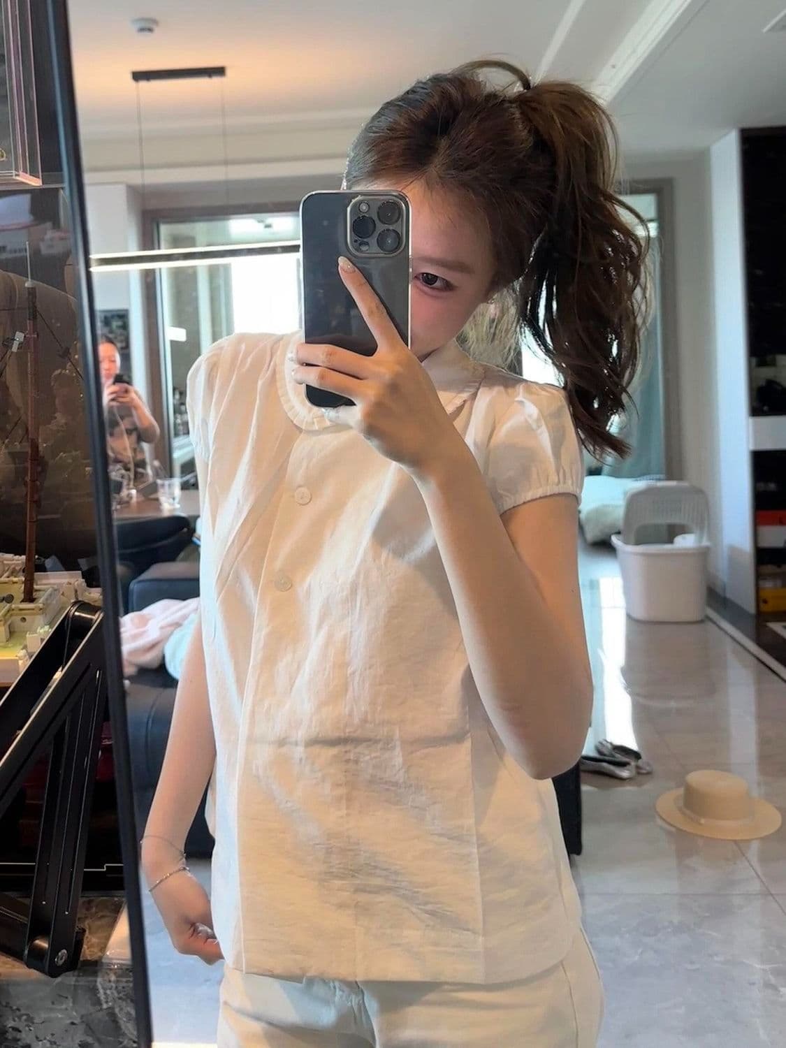 한 부서 부드러운 바람 베이비 칼라 반팔 여성 셔츠 여름 달콤함 셔츠 품격 연령 감소 슬림해 보이는 맨위 여성 상세 이미지 6