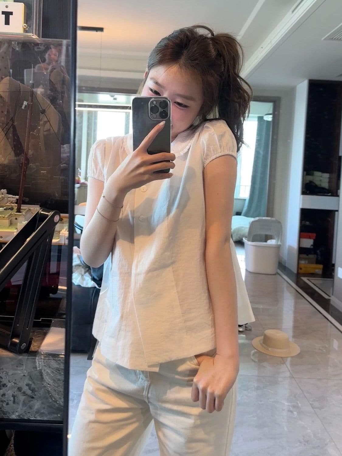 한 부서 부드러운 바람 베이비 칼라 반팔 여성 셔츠 여름 달콤함 셔츠 품격 연령 감소 슬림해 보이는 맨위 여성 상세 이미지 7