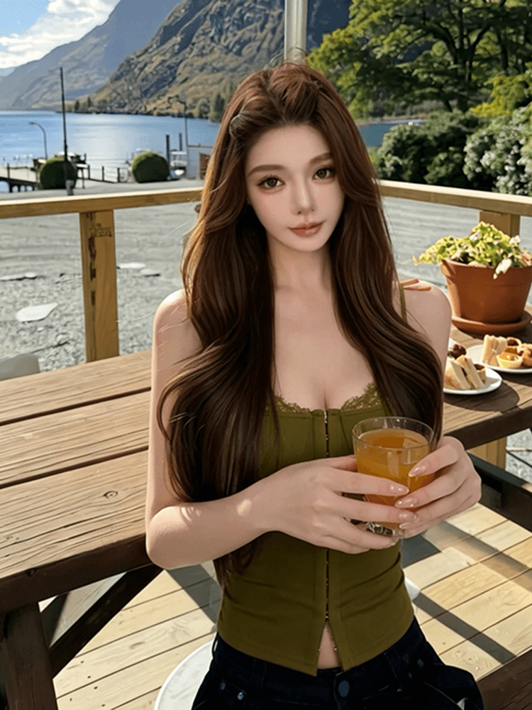 레이스 조각 캐미솔 여름 새로운 핫걸 몸매 가꾸기 허리 수축 디자인 센스 녹색 맨위 조끼 상세 이미지 3