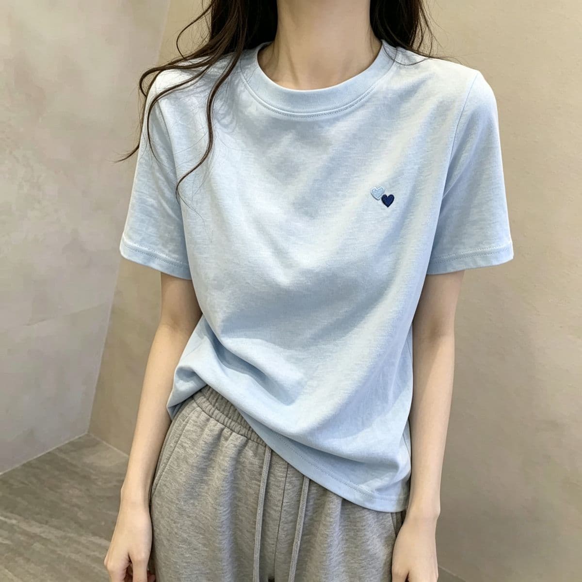 190 그램 물 부드러운 면 95 면 5 암모니아 Lun 파란색 하트 자수 반팔 티셔츠 여성 여름 새로운 루즈핏 맨위 상세 이미지 6