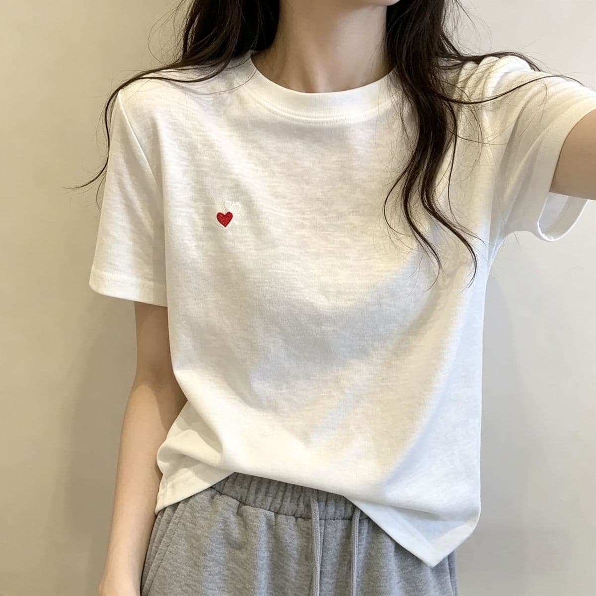 190 그램 물 부드러운 면 95 면 5 암모니아 Lun 파란색 하트 자수 반팔 티셔츠 여성 여름 새로운 루즈핏 맨위 상세 이미지 7