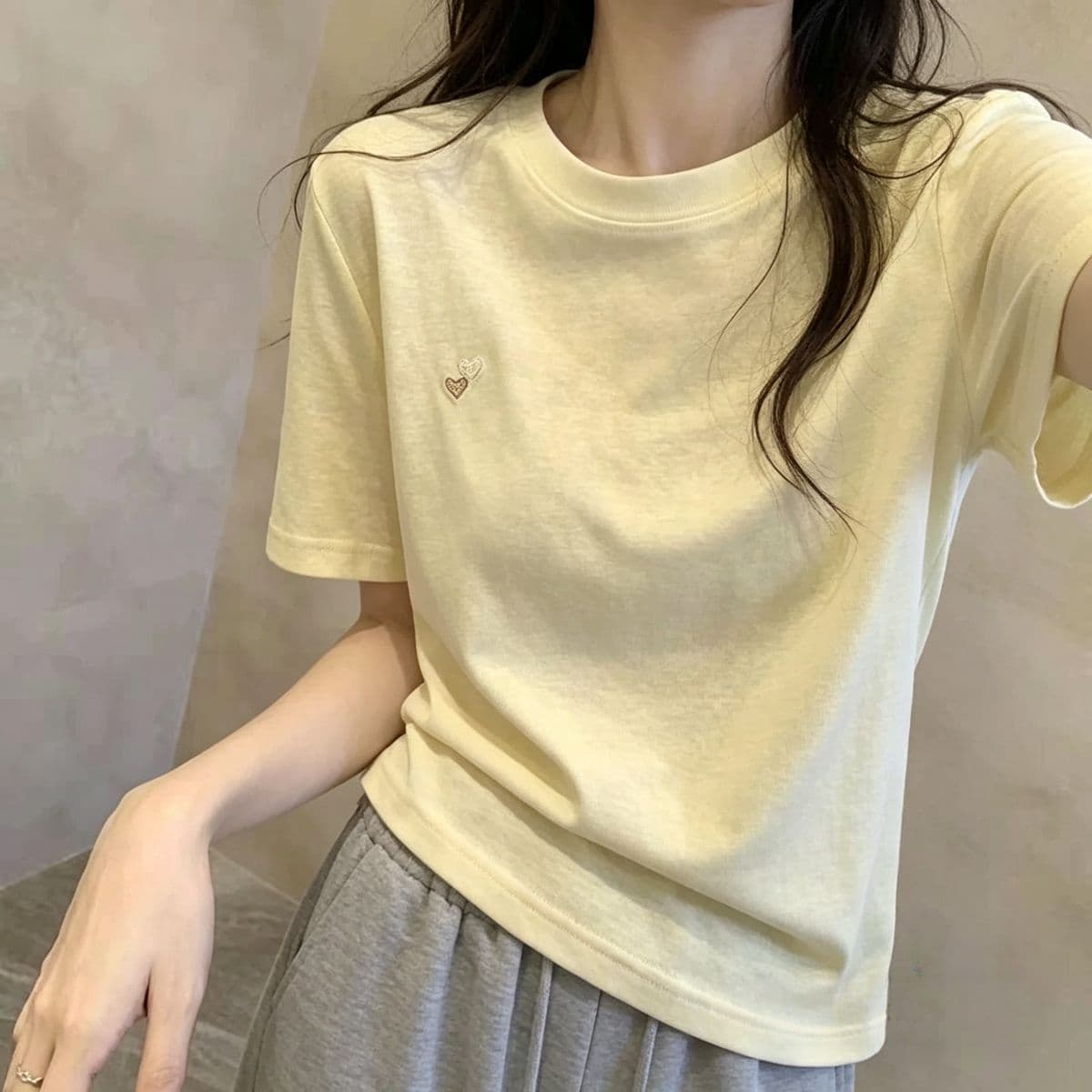 190 그램 물 부드러운 면 95 면 5 암모니아 Lun 파란색 하트 자수 반팔 티셔츠 여성 여름 새로운 루즈핏 맨위 상세 이미지 8