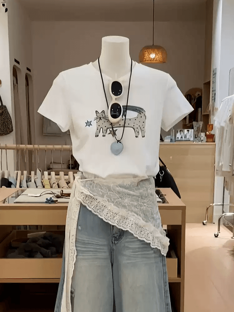 경관 그림 정가 순면 40 220 그램 92 면 8 암모니아 Lun 긍정적 인 어깨 반팔 티셔츠 여성 프린트 상세 이미지 7