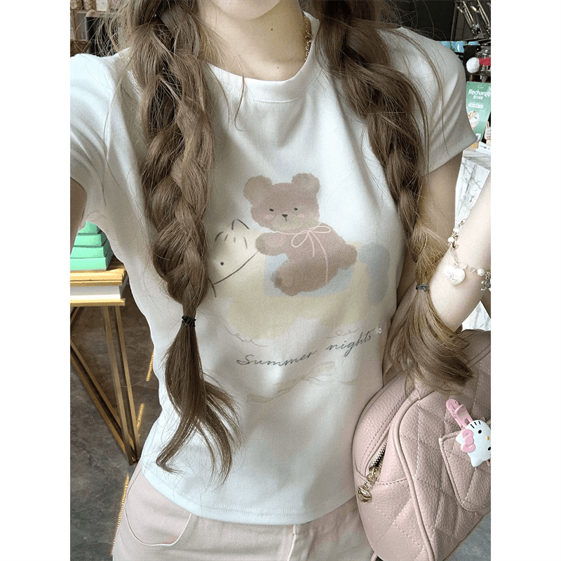 경관 그림 정가 순면 40 220 그램 92 면 8 암모니아 Lun 긍정적 인 어깨 반팔 티셔츠 여성 프린트