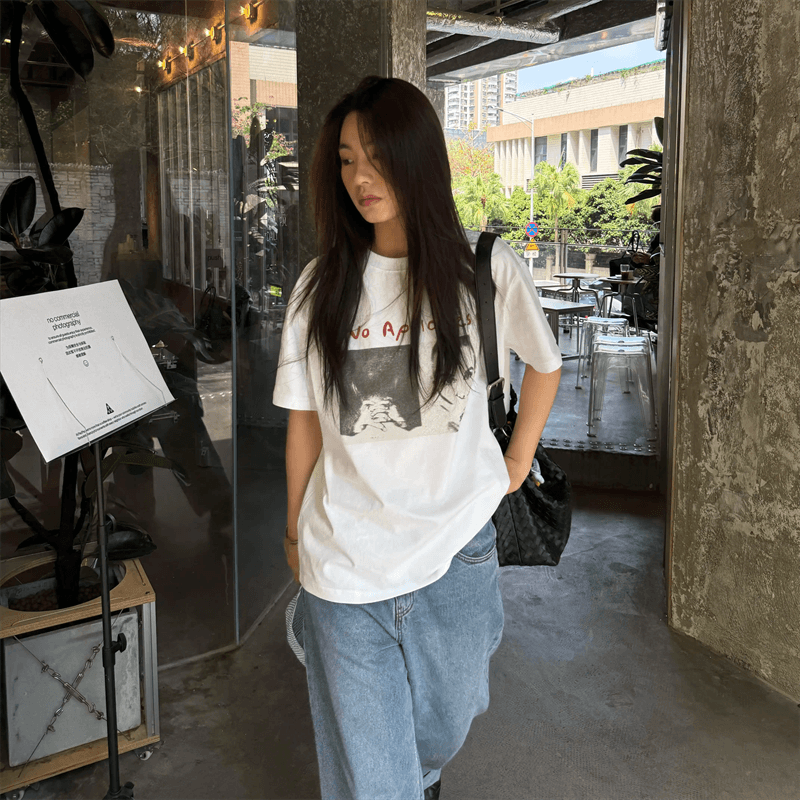 경관 그림 21 순면 210 그램 순면 여름 드레스 반팔 티셔츠 여성 한국 스타일 빅 사이즈 루즈핏 상세 이미지 3