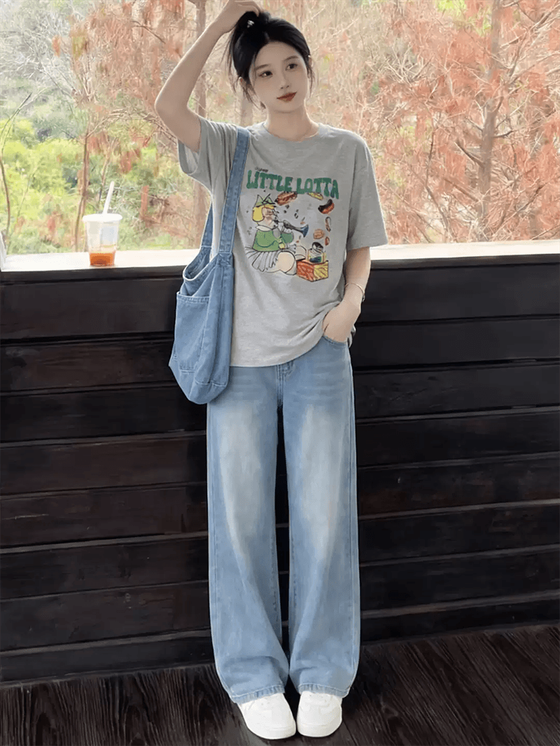 경관 그림 21 순면 210 그램 순면 여름 드레스 반팔 티셔츠 여성 한국 스타일 빅 사이즈 루즈핏 상세 이미지 2
