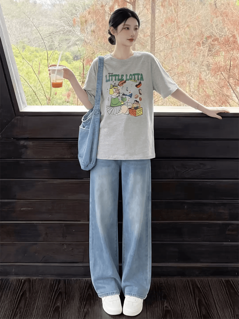 경관 그림 21 순면 210 그램 순면 여름 드레스 반팔 티셔츠 여성 한국 스타일 빅 사이즈 루즈핏 상세 이미지 3