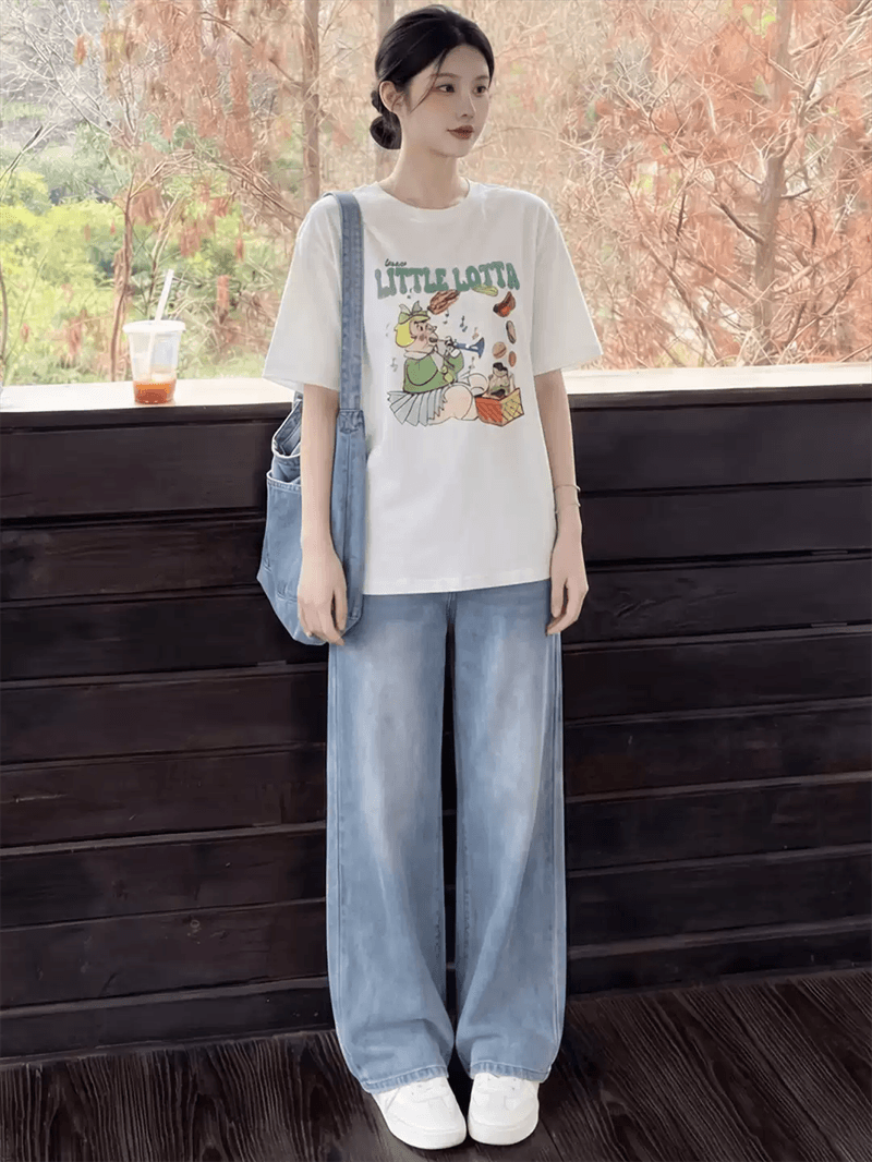 경관 그림 21 순면 210 그램 순면 여름 드레스 반팔 티셔츠 여성 한국 스타일 빅 사이즈 루즈핏 상세 이미지 4