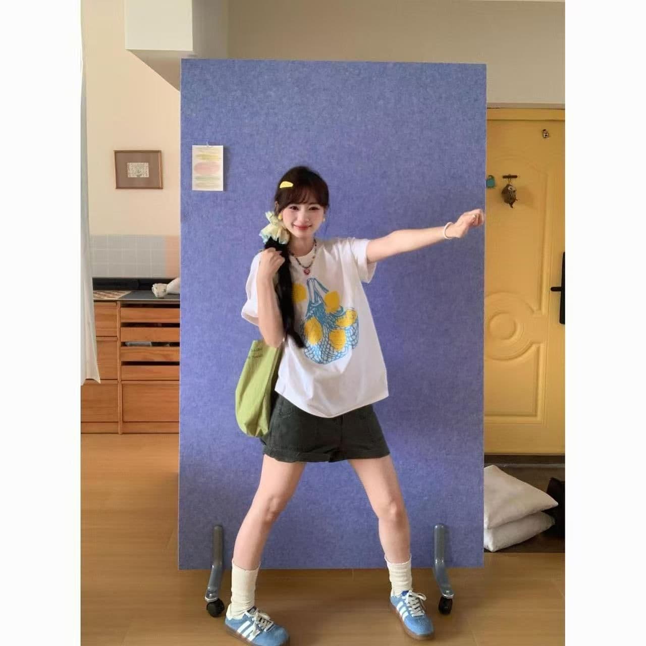 경관 그림 21 순면 210 그램 순면 여름 드레스 반팔 티셔츠 여성 한국 스타일 빅 사이즈 루즈핏 상세 이미지 5