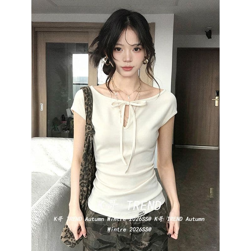 와 사고 방식 아메리칸 핫걸 바람 레이스업 홀로우 아웃 반팔 티셔츠 여성 여름 펌프 Pleat 허리 수축 슬림해 보이는 긍정적 인 어깨 의류 상세 이미지 5