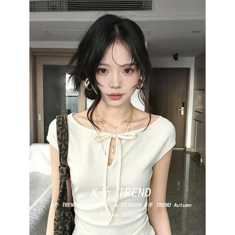 와 사고 방식 아메리칸 핫걸 바람 레이스업 홀로우 아웃 반팔 티셔츠 여성 여름 펌프 Pleat 허리 수축 슬림해 보이는 긍정적 인 어깨 의류 상세 이미지 9