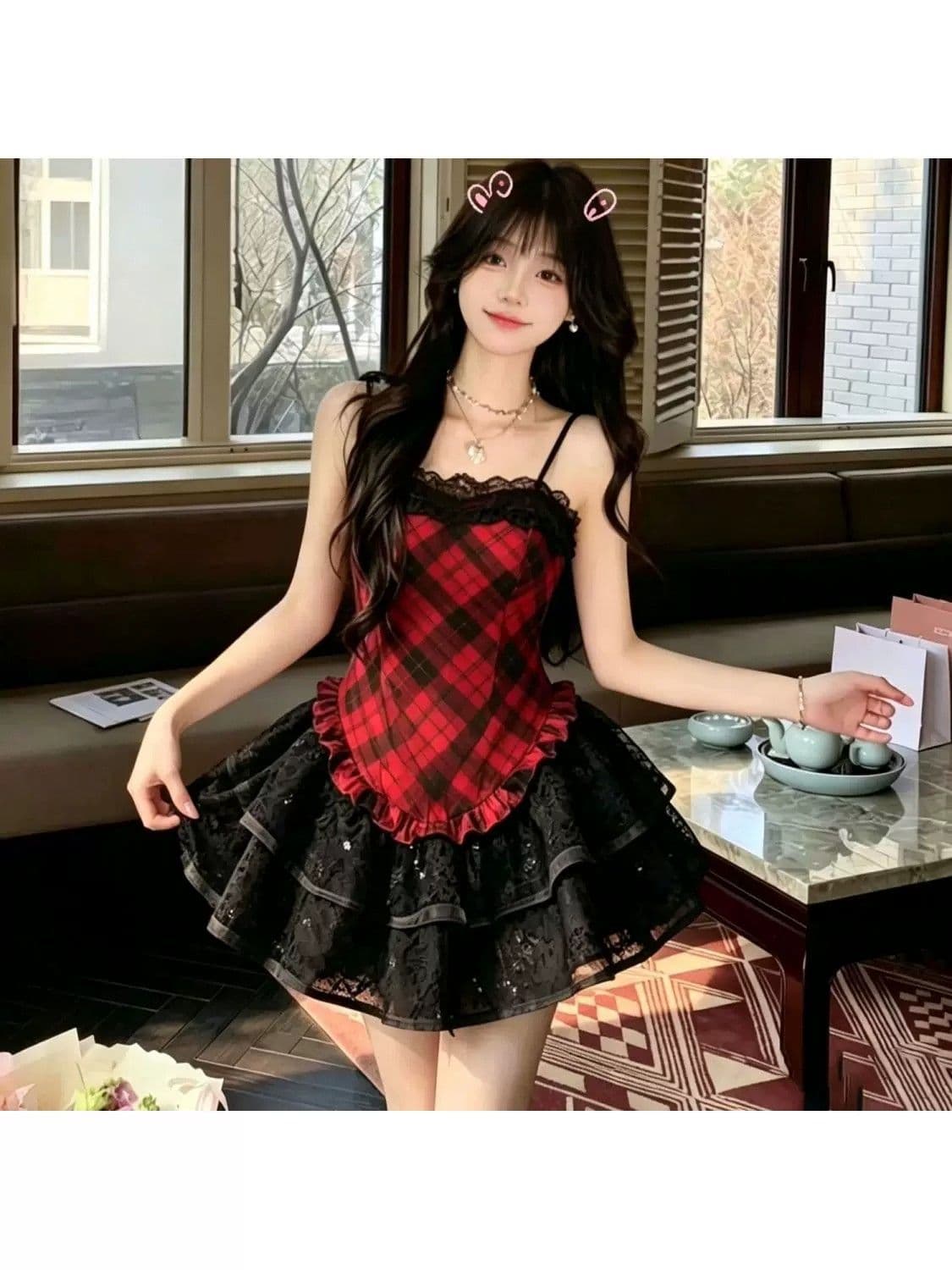 소녀 프랑스식 체크무늬 슬립 드레스 쇼트 스타일 퍼프 스커트 달콤한 매운맛 바람 빨간색 검은 격자 party 작은 치마 이미지 3