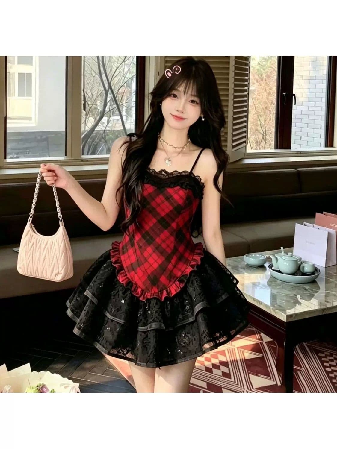 소녀 프랑스식 체크무늬 슬립 드레스 쇼트 스타일 퍼프 스커트 달콤한 매운맛 바람 빨간색 검은 격자 party 작은 치마 상세 이미지 3