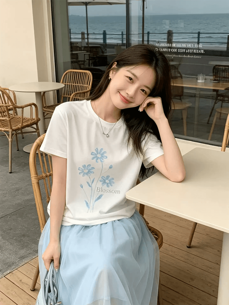 경관 그림 21 순면 210 그램 순면 여름 드레스 반팔 티셔츠 여성 한국 스타일 빅 사이즈 루즈핏 상세 이미지 3