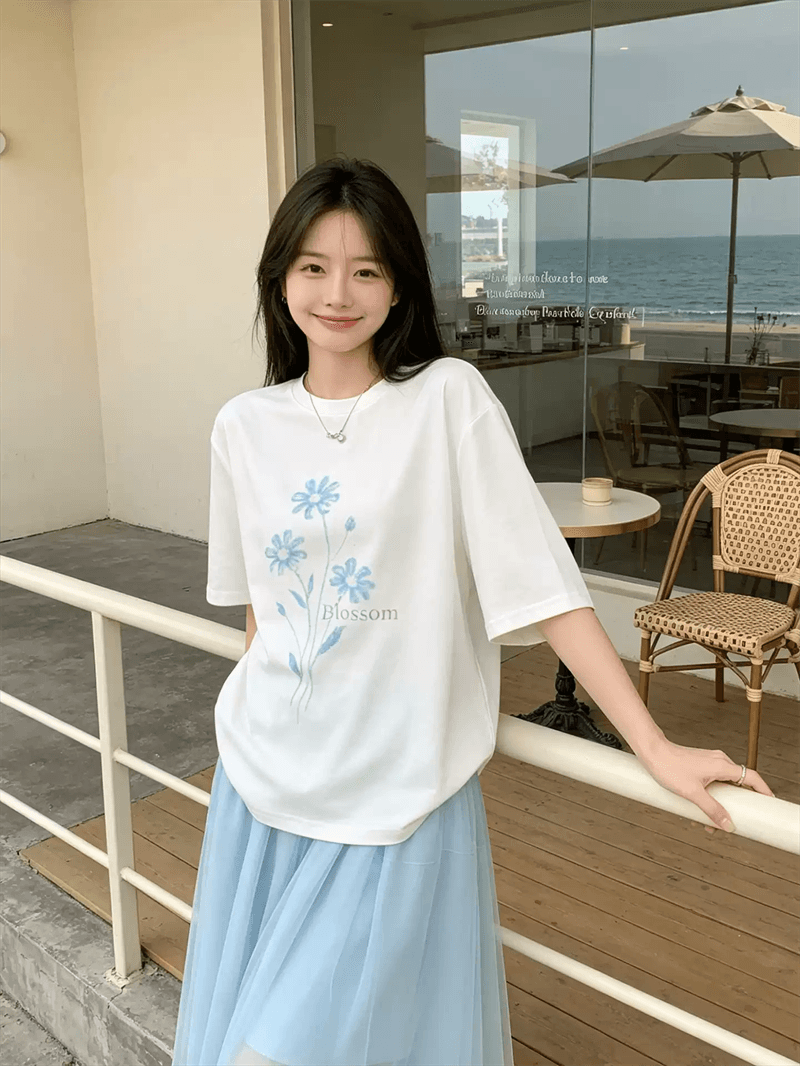 경관 그림 21 순면 210 그램 순면 여름 드레스 반팔 티셔츠 여성 한국 스타일 빅 사이즈 루즈핏 상세 이미지 4