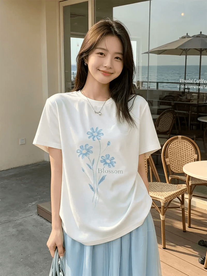 경관 그림 21 순면 210 그램 순면 여름 드레스 반팔 티셔츠 여성 한국 스타일 빅 사이즈 루즈핏 상세 이미지 6