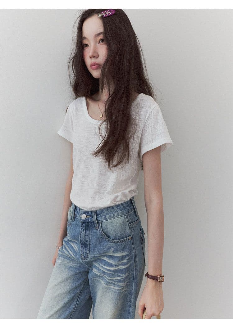 180 그램 65 폴리 에스터 35 면 한 부서 다용도 미니멀리즘 u 칼라 캐주얼 티셔츠 여성 여름 새로운 느슨함 루즈핏 맨위 상세 이미지 26