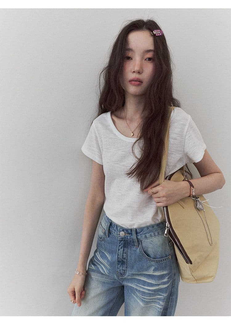 180 그램 65 폴리 에스터 35 면 한 부서 다용도 미니멀리즘 u 칼라 캐주얼 티셔츠 여성 여름 새로운 느슨함 루즈핏 맨위 상세 이미지 27