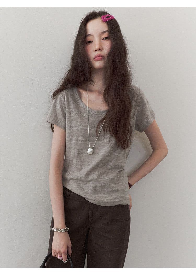 180 그램 65 폴리 에스터 35 면 한 부서 다용도 미니멀리즘 u 칼라 캐주얼 티셔츠 여성 여름 새로운 느슨함 루즈핏 맨위 상세 이미지 35