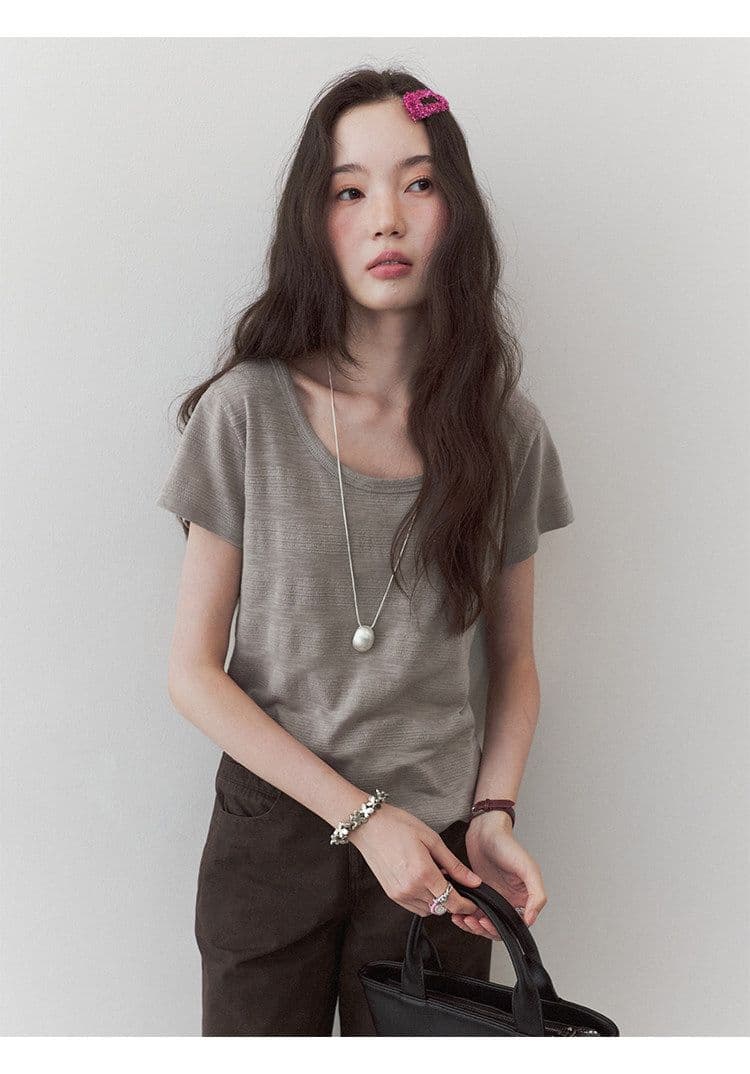 180 그램 65 폴리 에스터 35 면 한 부서 다용도 미니멀리즘 u 칼라 캐주얼 티셔츠 여성 여름 새로운 느슨함 루즈핏 맨위 상세 이미지 37