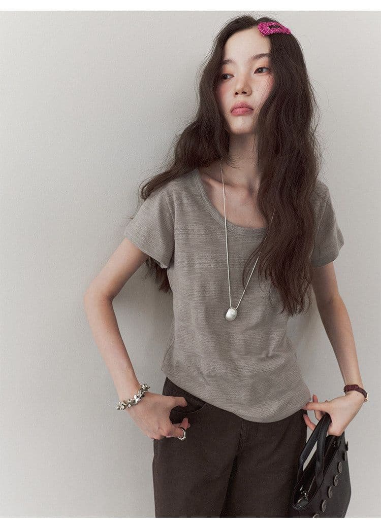 180 그램 65 폴리 에스터 35 면 한 부서 다용도 미니멀리즘 u 칼라 캐주얼 티셔츠 여성 여름 새로운 느슨함 루즈핏 맨위 상세 이미지 38