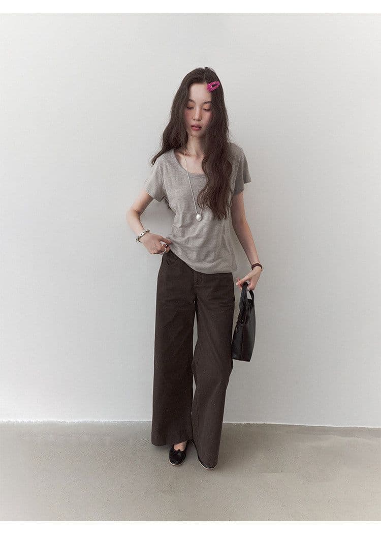 180 그램 65 폴리 에스터 35 면 한 부서 다용도 미니멀리즘 u 칼라 캐주얼 티셔츠 여성 여름 새로운 느슨함 루즈핏 맨위 상세 이미지 42