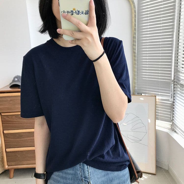 160 그램 눈꽃 아마 76 폴리 에스터 24 면 여름 통기성 반팔 아마 티셔츠 여성 루즈핏 한국 스타일 얇은 스타일 맨위 상세 이미지 8