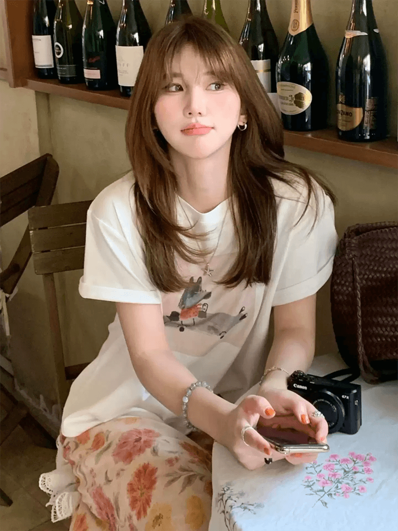 경관 그림 21 순면 210 그램 순면 여름 드레스 반팔 티셔츠 여성 한국 스타일 빅 사이즈 루즈핏 상세 이미지 2