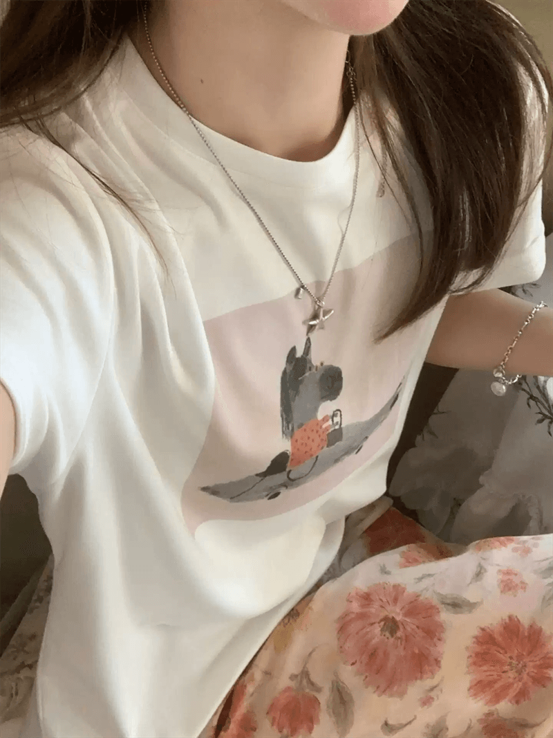 경관 그림 21 순면 210 그램 순면 여름 드레스 반팔 티셔츠 여성 한국 스타일 빅 사이즈 루즈핏 상세 이미지 6