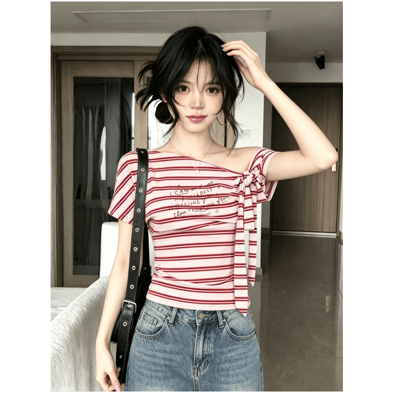 원본 품질 핫걸 바람 스트라이프 비스듬한 어깨 반팔 티셔츠 여성 여름 몸매 가꾸기 슬림해 보이는 나비 매듭 스트랩 맨위 상세 이미지 5