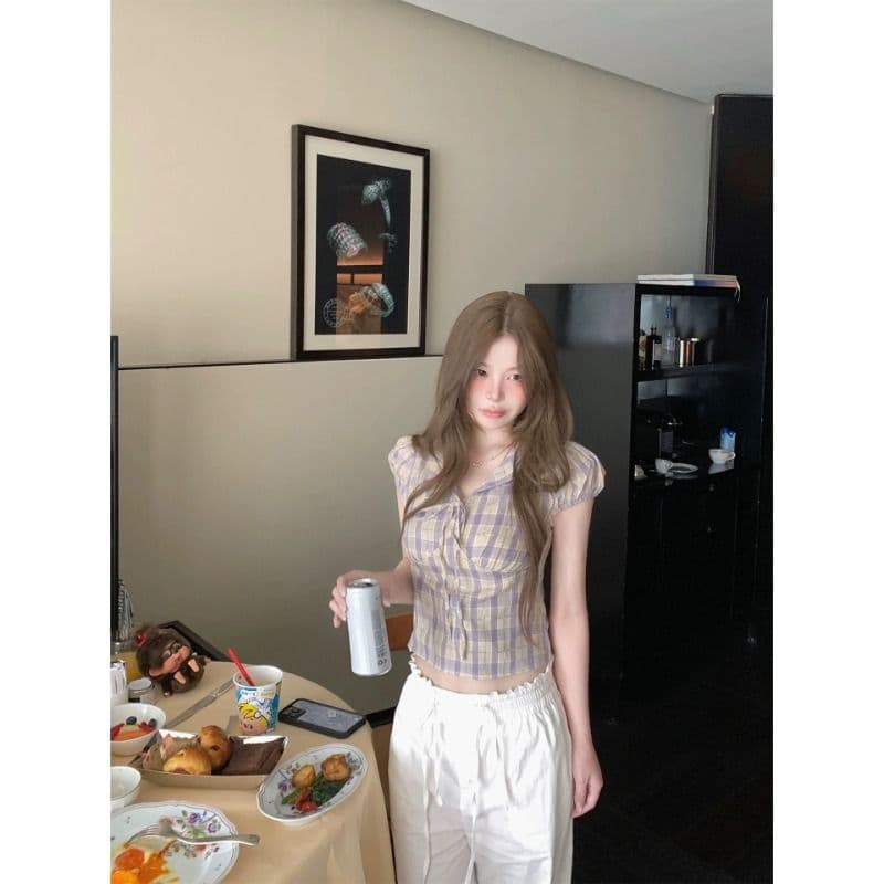 원본 컬러 짜임 그리드 있음 네리 허리 수축 여성 셔츠 여름 보라색 체크무늬 레이스업 V넥 반팔 맨위 이미지 2
