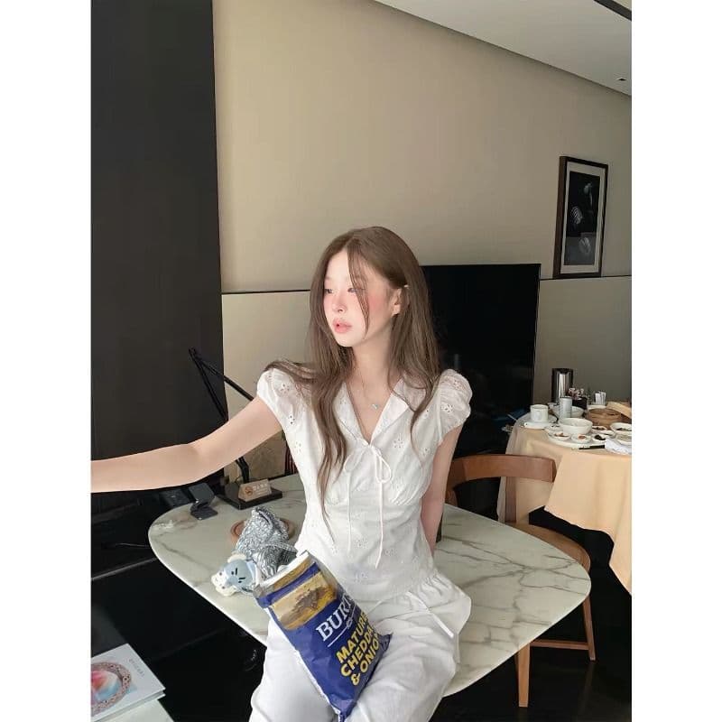 원본 컬러 짜임 그리드 있음 네리 허리 수축 여성 셔츠 여름 보라색 체크무늬 레이스업 V넥 반팔 맨위 이미지 5